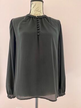 Banana Republic Black Long-Sleeve Ruffle-Neck Blouse